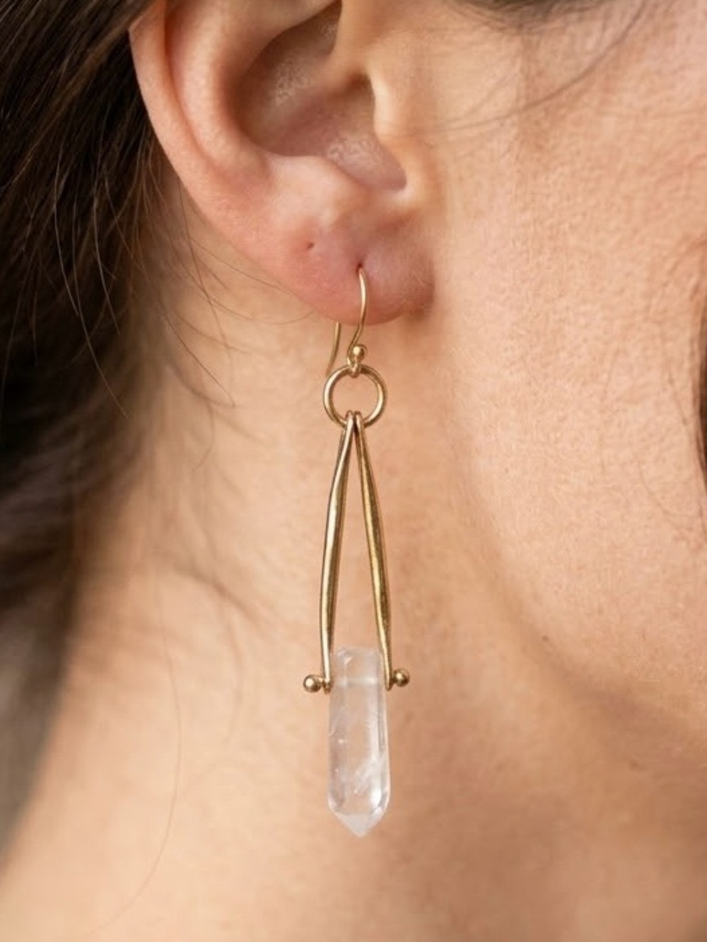 Raw Clear Quartz Crystal Gold Dangle Earrings